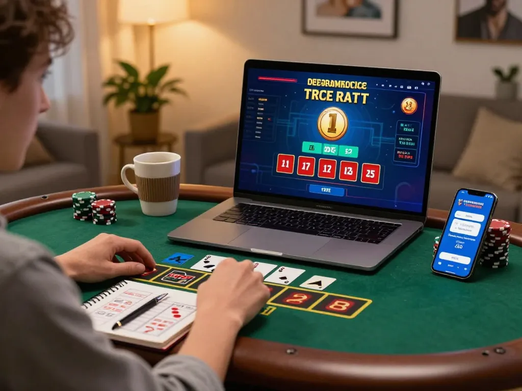 Engaging home gambling scene with gbong user actively playing live dealer blackjack on laptop and smartphone.