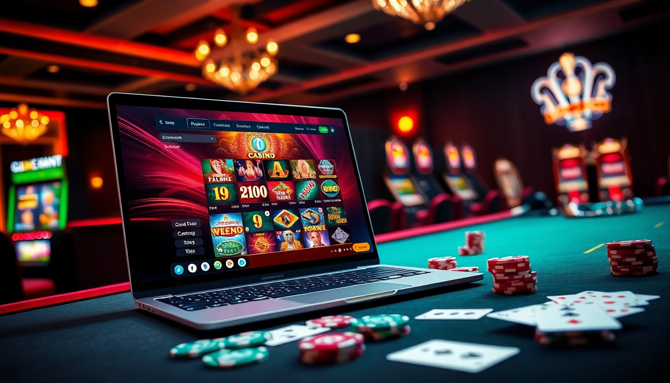 Engaging V9bet online gambling scene showcasing vibrant slot machines and poker chips.