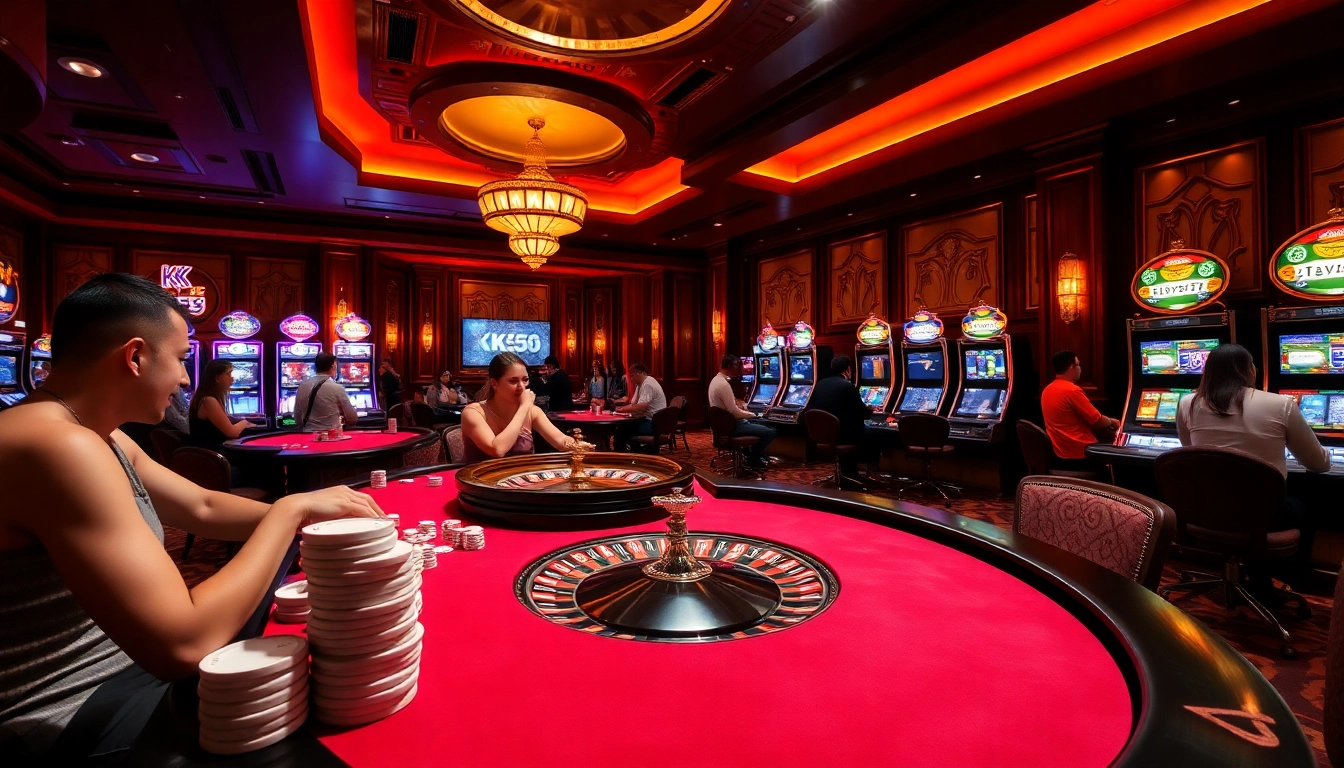 Experience the thrill of winning with KK55 in an elegant casino setting featuring vibrant gaming elements.