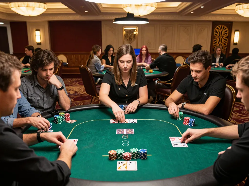 Players engaging in a strategic poker game at a luxury casino table, showcasing TR88 focus and competitive gameplay.