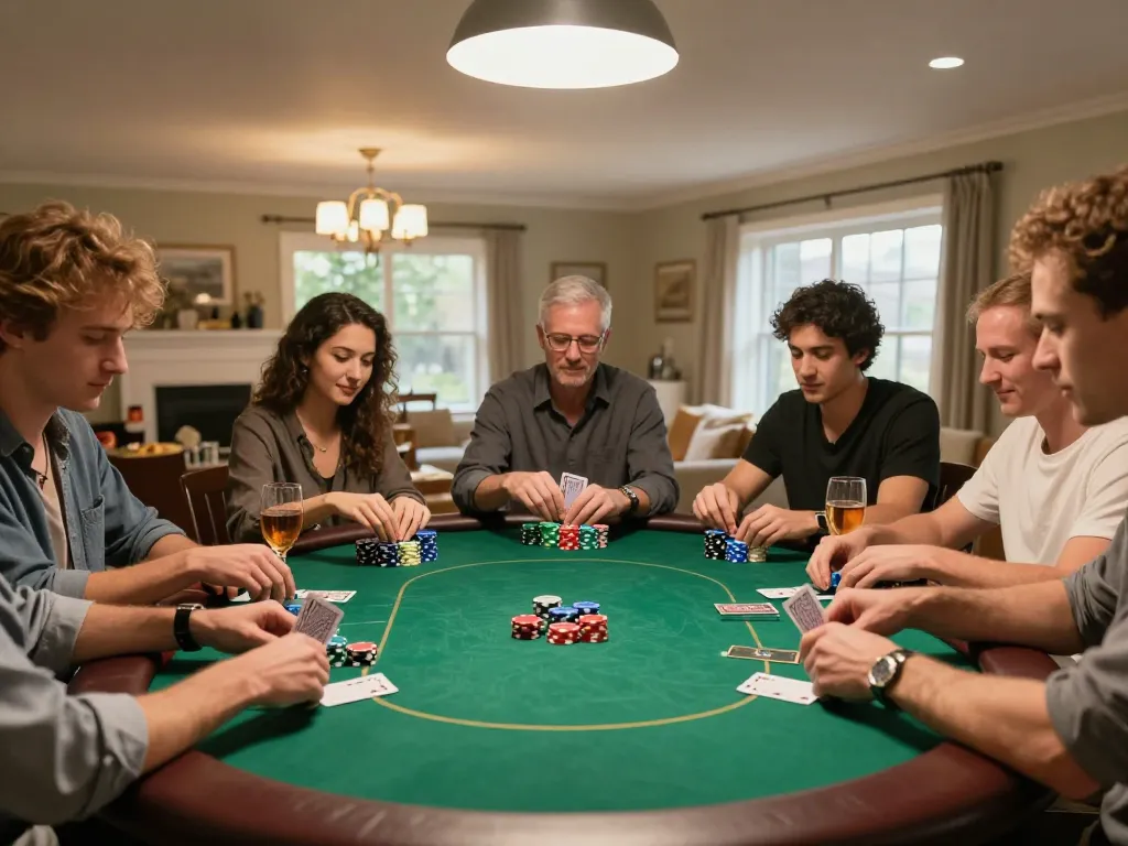 Friends enjoying a thrilling game đánh bài đổi thưởng at home poker night with colorful chips and cards.