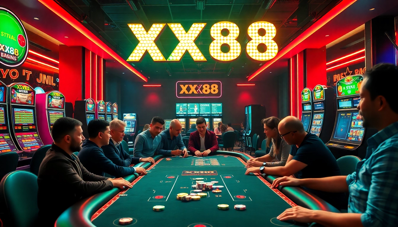 Gambling excitement at a vibrant XX88 casino table with colorful chips and players engaged in games.