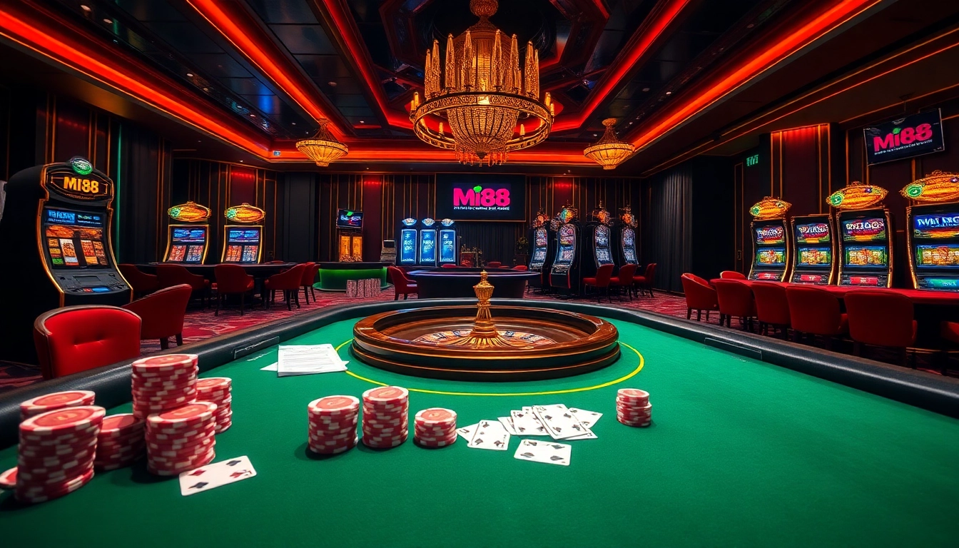 Experience the excitement of mi88 with vibrant casino tables and thrilling games in a luxurious environment.