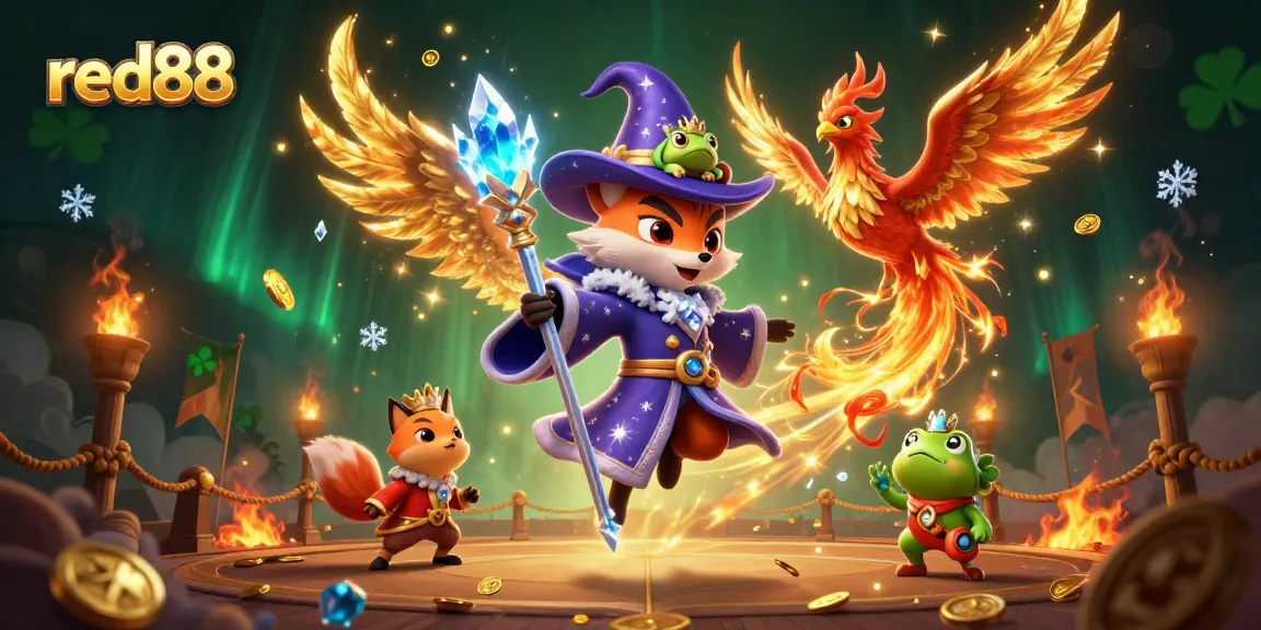 Experience thrilling gameplay at red88 with a magical wizard fox and phoenix in a dynamic casino scene.