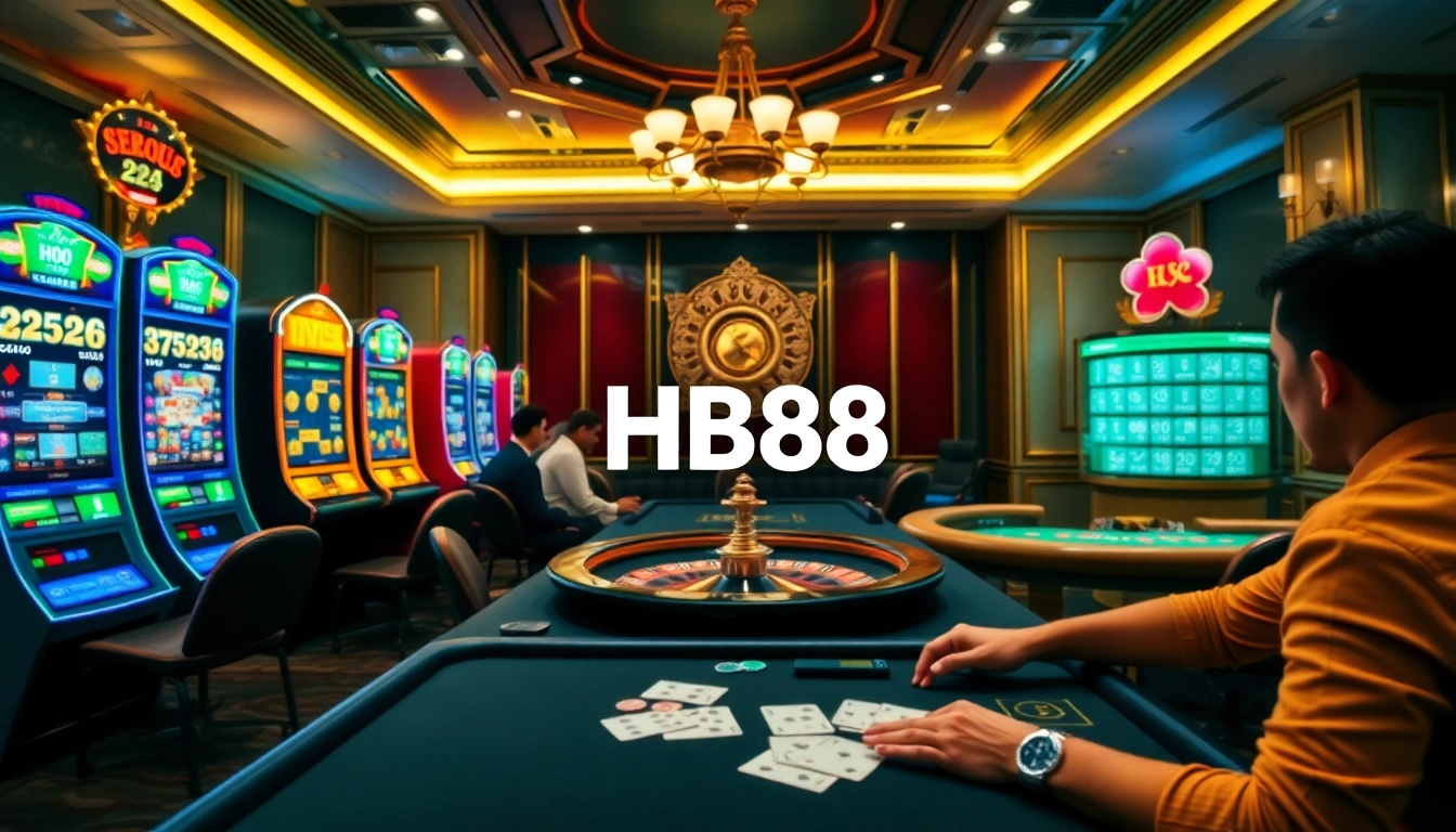 Experience high-stakes gaming at HB88 with vibrant casino visuals of roulette and slots.