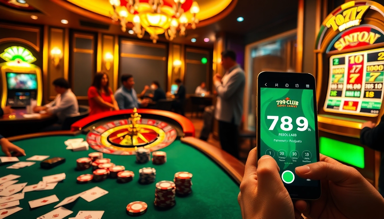 A vibrant casino scene showcasing the 789club app alongside a poker table and slots, emphasizing excitement and luxury.
