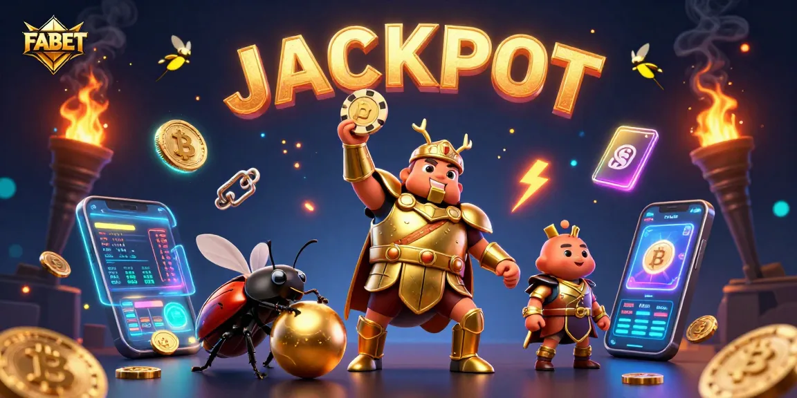 Experience FABET's thrilling jackpot features with dynamic casino elements in a vibrant 3D illustration.