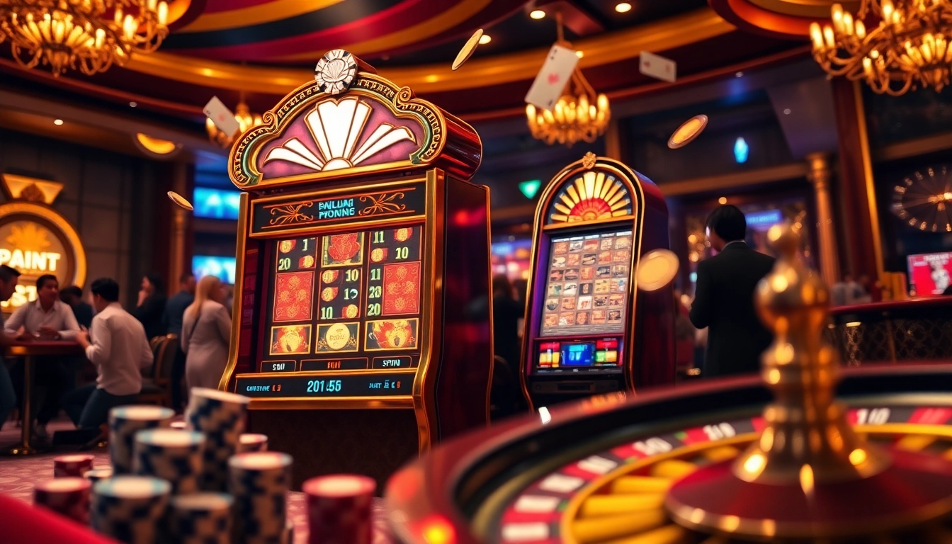 Experience the thrill of Nổ Hũ Miễn Phí with vibrant slot machines and lush casino ambiance.