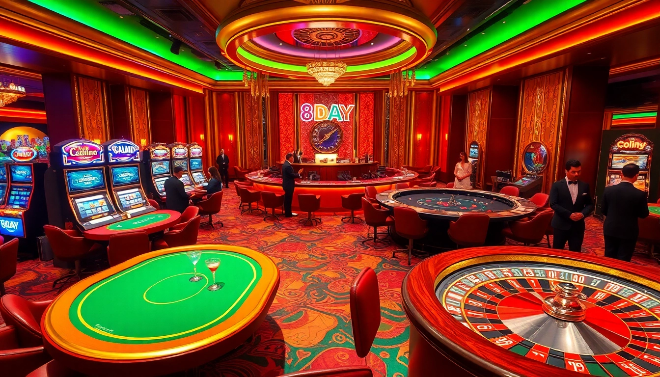 Experience the excitement of 8DAY at a luxurious casino featuring vibrant gaming tables and slot machines.