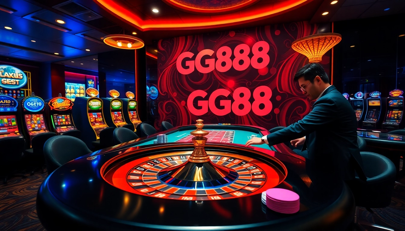 Engage with the thrilling atmosphere of GG88 casino, showcasing vibrant tables, roulette wheels, and poker action.
