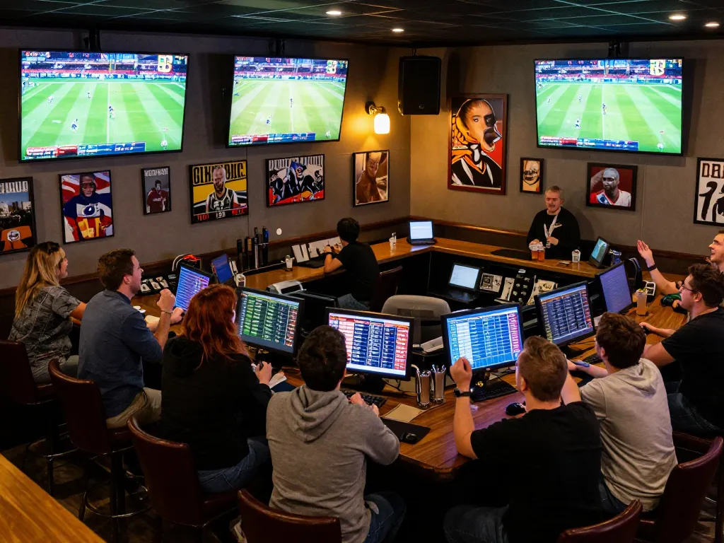 Exciting moment in sports betting at 90phut with fans cheering and watching live games.