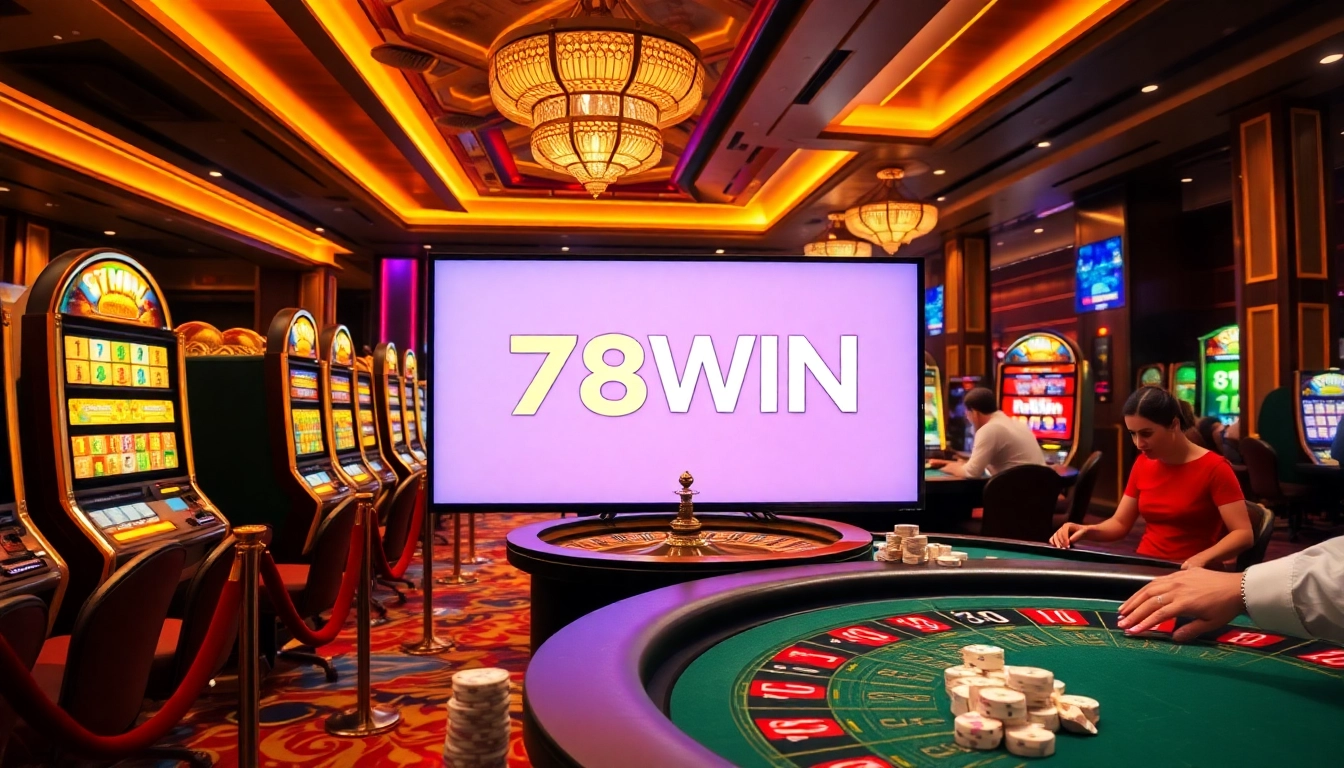 Experience the thrill of gambling at 78WIN casino with vibrant slot machines and poker action.