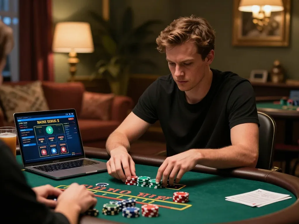 Player engaged online at https://mm88vin.com/ with live dealer blackjack, showcasing focused strategy and comfortable home setting.