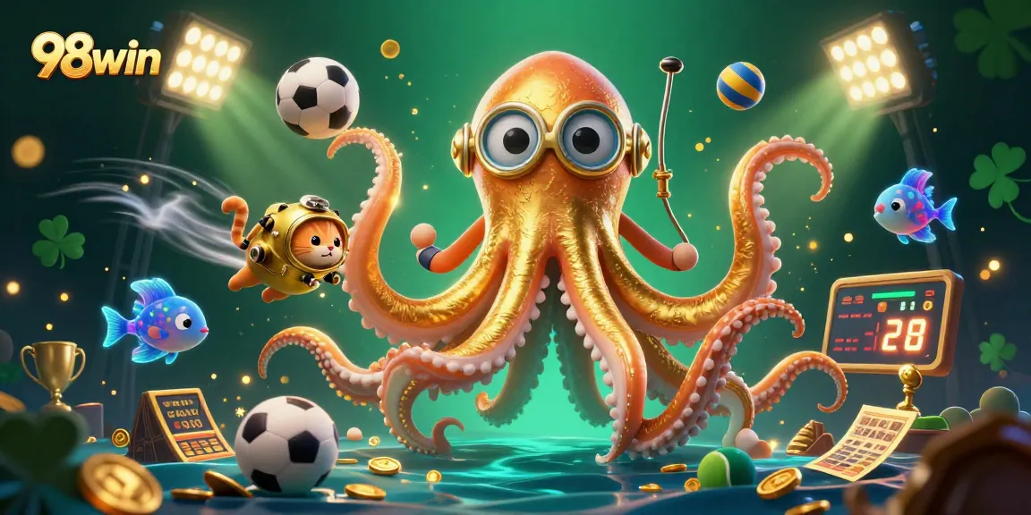 Experience dynamic gaming at 98win with a kraken, diving cat, and vibrant sports elements.