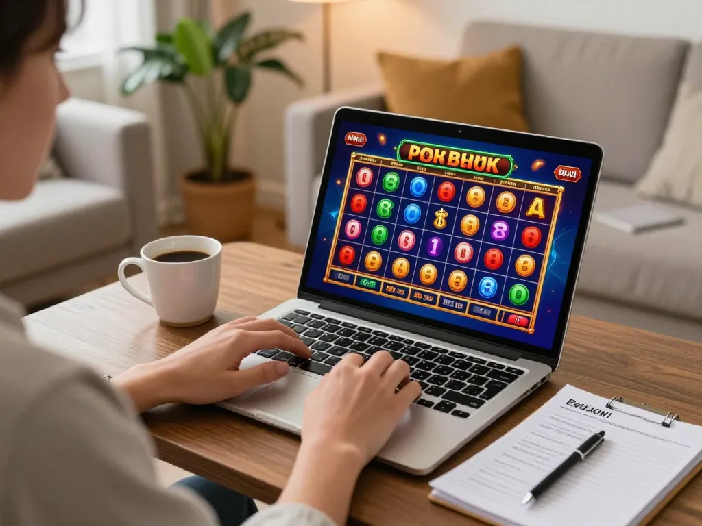 Playing real money pokies Australia on laptop in cozy living room setting with warm lighting.