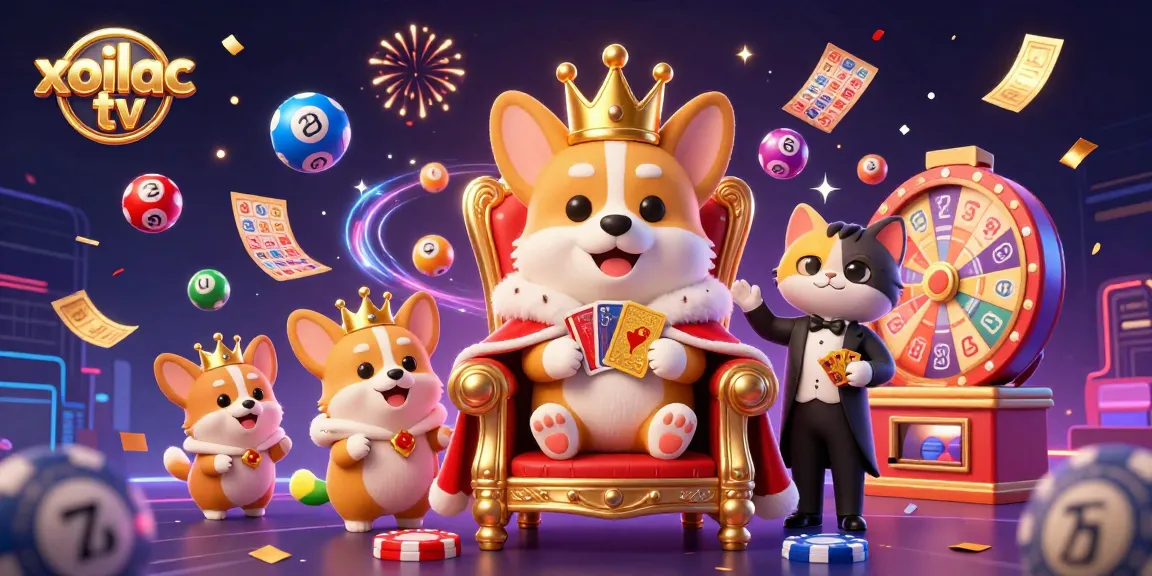 Xoilac TV brings excitement with a royal corgi surrounded by lottery action and gaming elements.