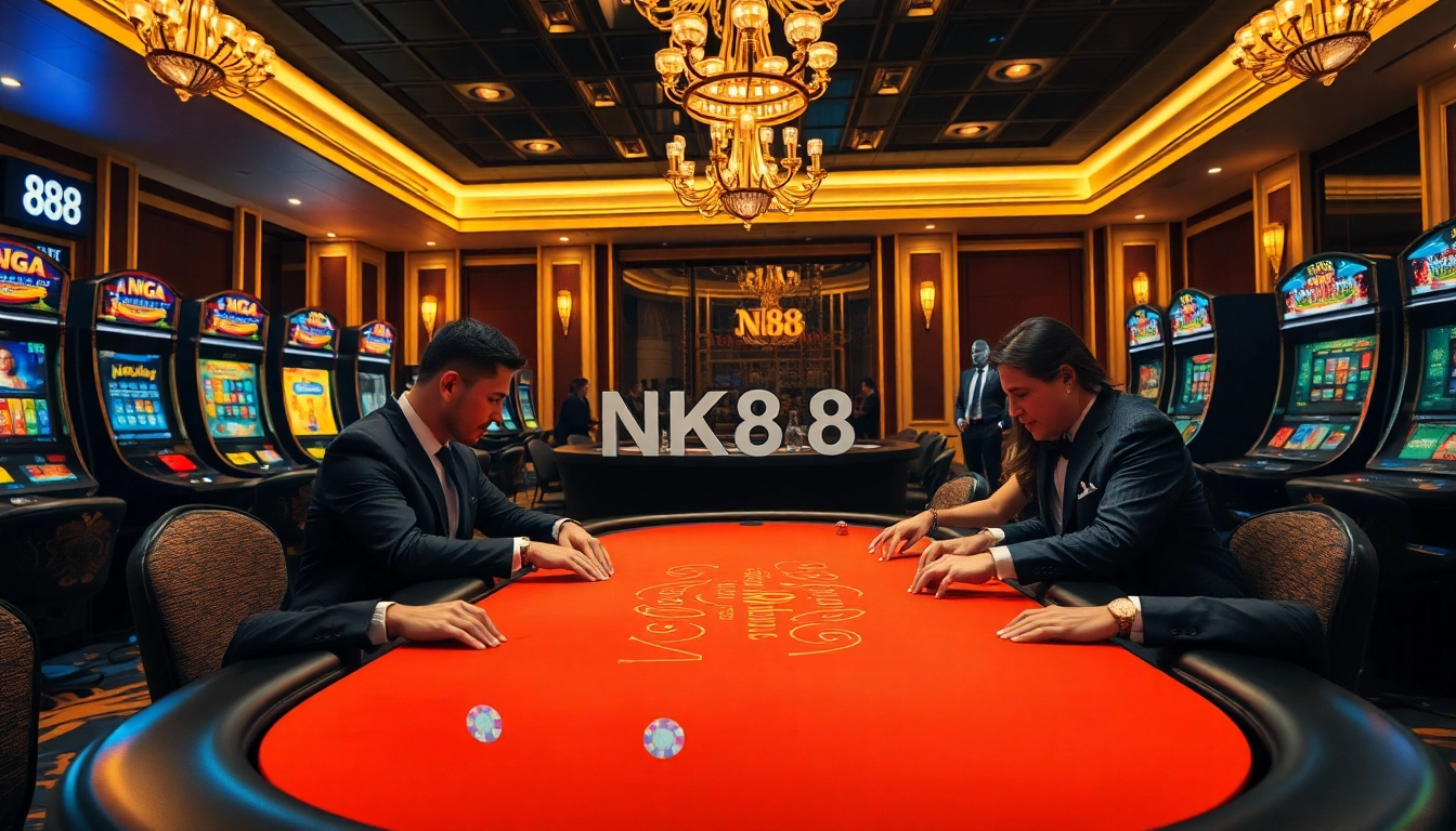 Players betting at a poker table in a glamorous NK88 casino, capturing the excitement of high-stakes gaming.