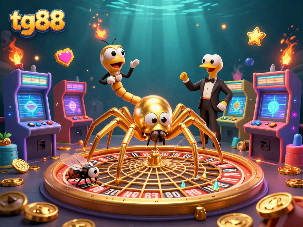 Experience the thrill of tg88 with this vibrant 3D casino illustration showcasing a golden spider and dynamic gaming elements.