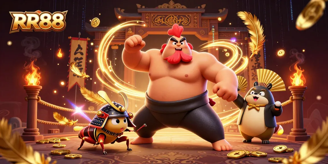 RR88 showcases a powerful sumo wrestler rooster and samurai cricket in an electrifying gaming arena.