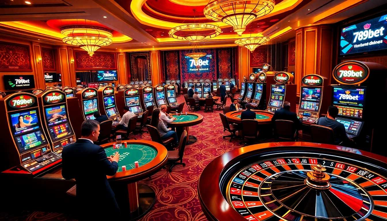 Exciting casino ambience with players at 789bet tables, showcasing blackjack and roulette.