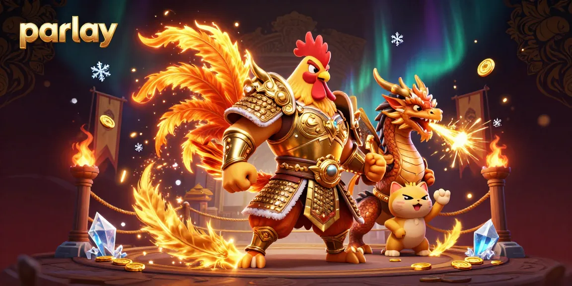 Bet big with parlay betting featuring a rooster warrior, dragon, and gold coins.