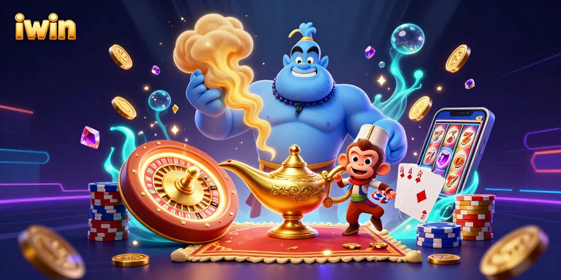 Experience the magic of iwin with a vibrant casino scene featuring a strong genie and playful monkey.
