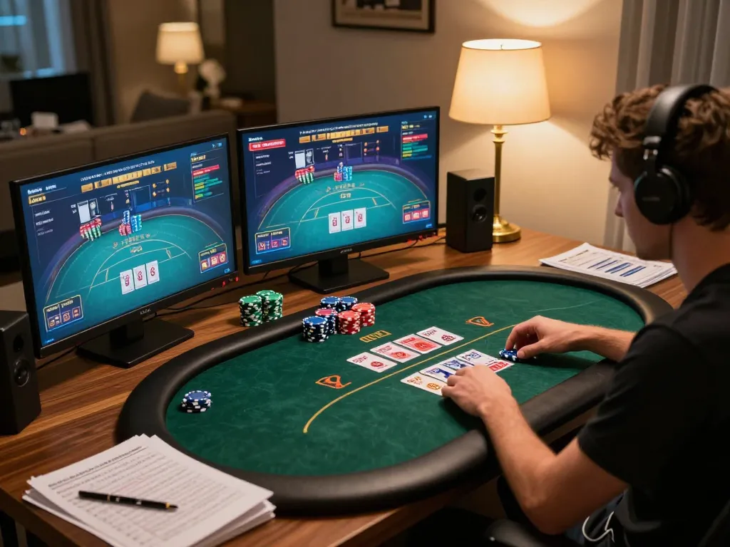 Engaged player experiencing ATQ online poker gaming with live casino interface and colorful chips.
