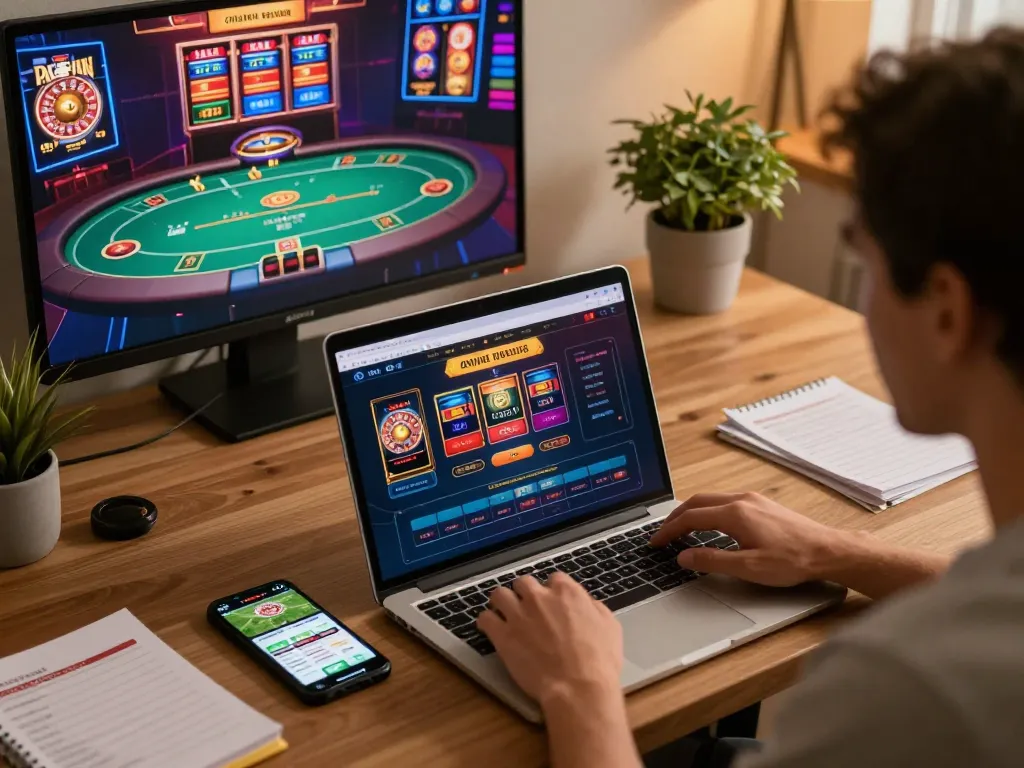 RIKBET user enjoying online gambling strategies with laptop and smartphone at home