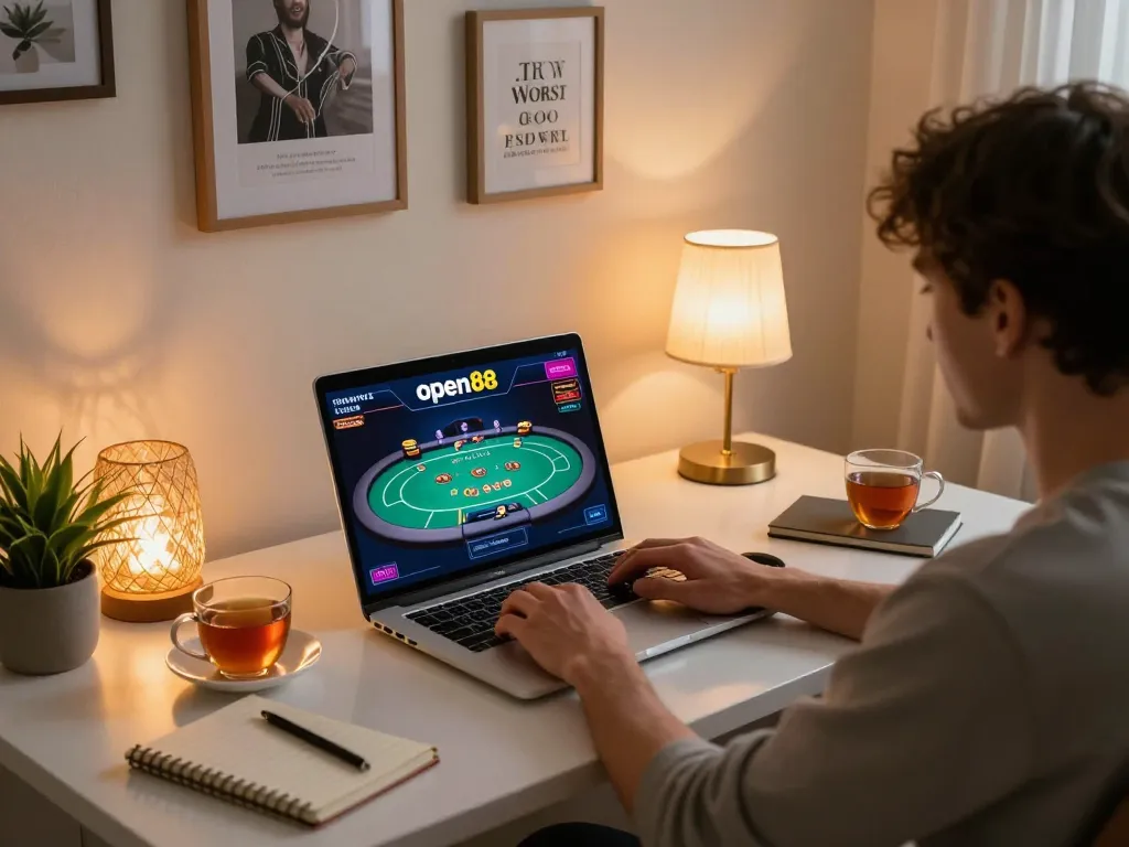 Player engaging in open88 online casino gaming at home with warm lighting and cozy setup.