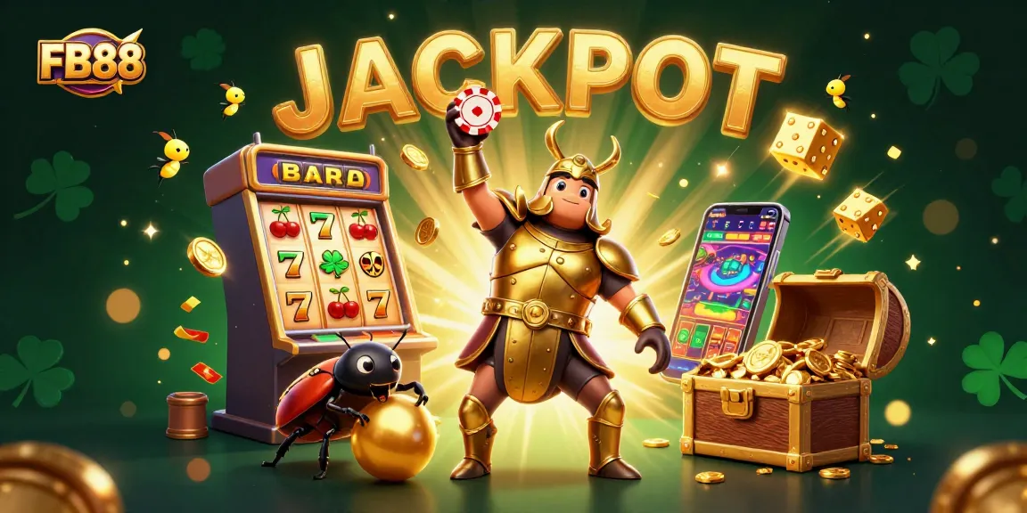 Experience the excitement of FB88, where a heroic beetle celebrates a jackpot win, surrounded by casino-themed elements.