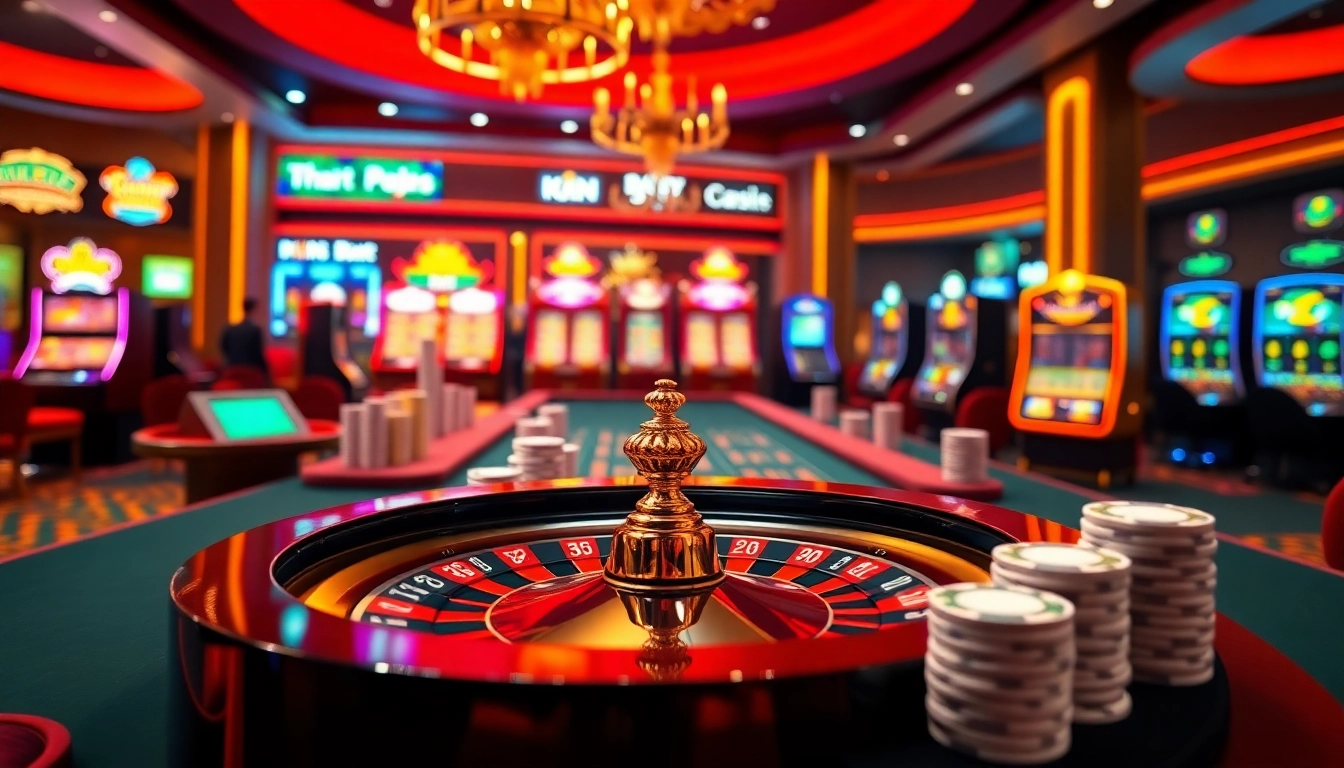 Experience the excitement of KUWIN online gambling with a vibrant casino scene featuring roulette and poker.