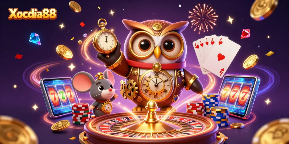 Xocdia88 presents a vibrant 3D casino scene with charming characters and dynamic gaming elements.