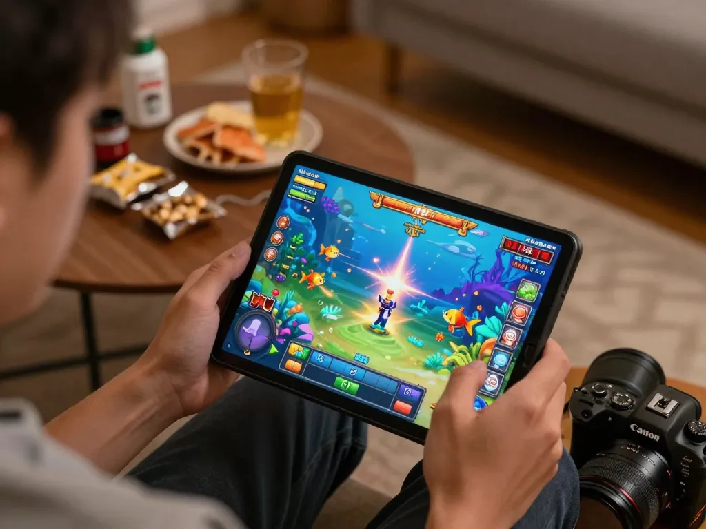bắn cá đổi thưởng online gaming session showcasing strategy and fun in a cozy home setting
