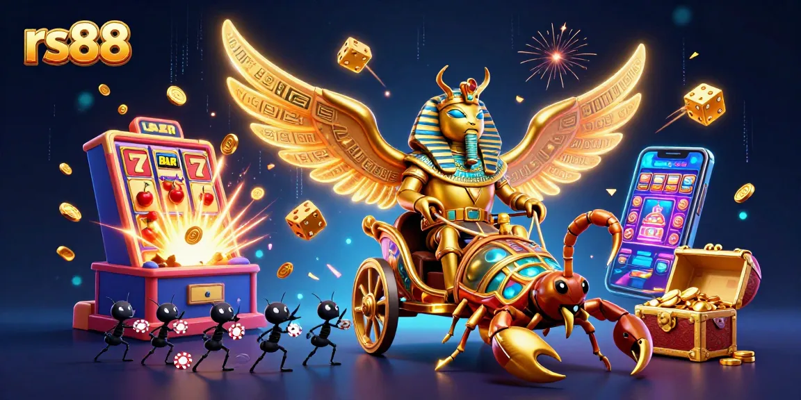 Experience thrilling adventures in rs88 with a golden scarab and scorpions amidst coins and slot machine excitement.