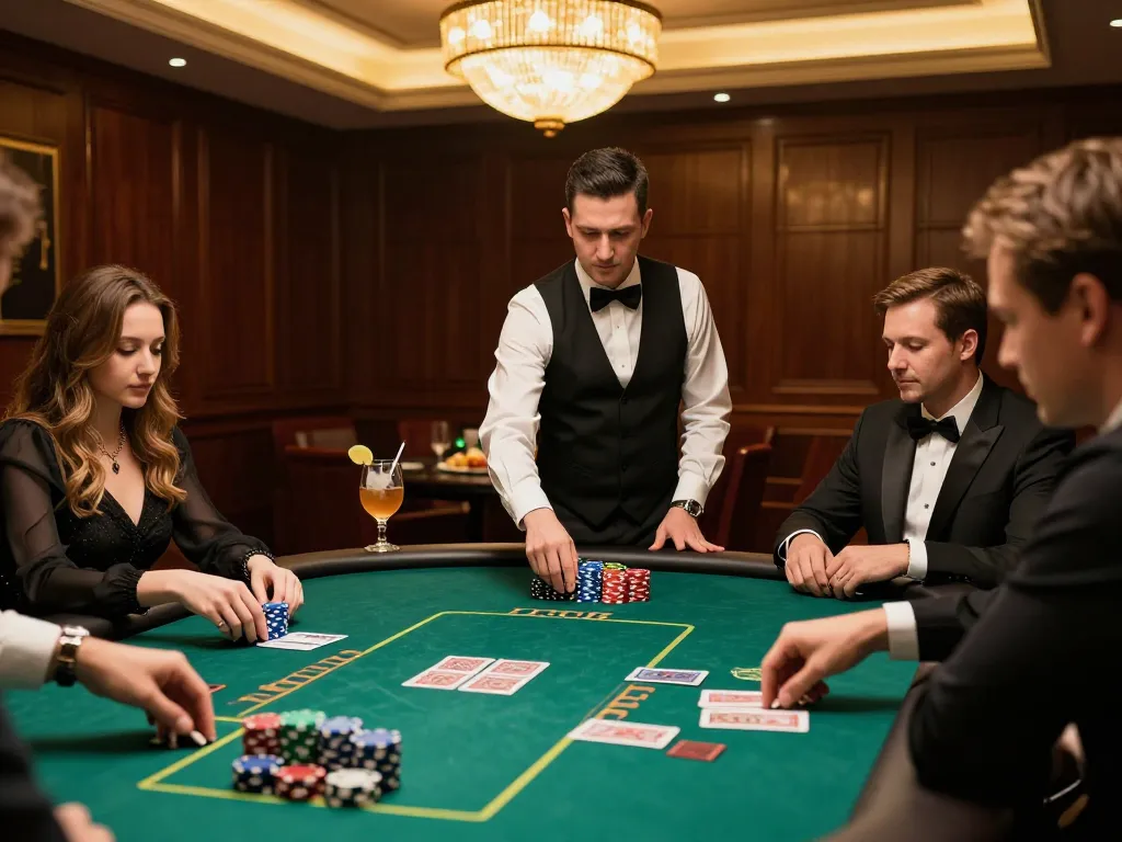 Players strategizing at LC88 poker table with vibrant chips and cards in action.
