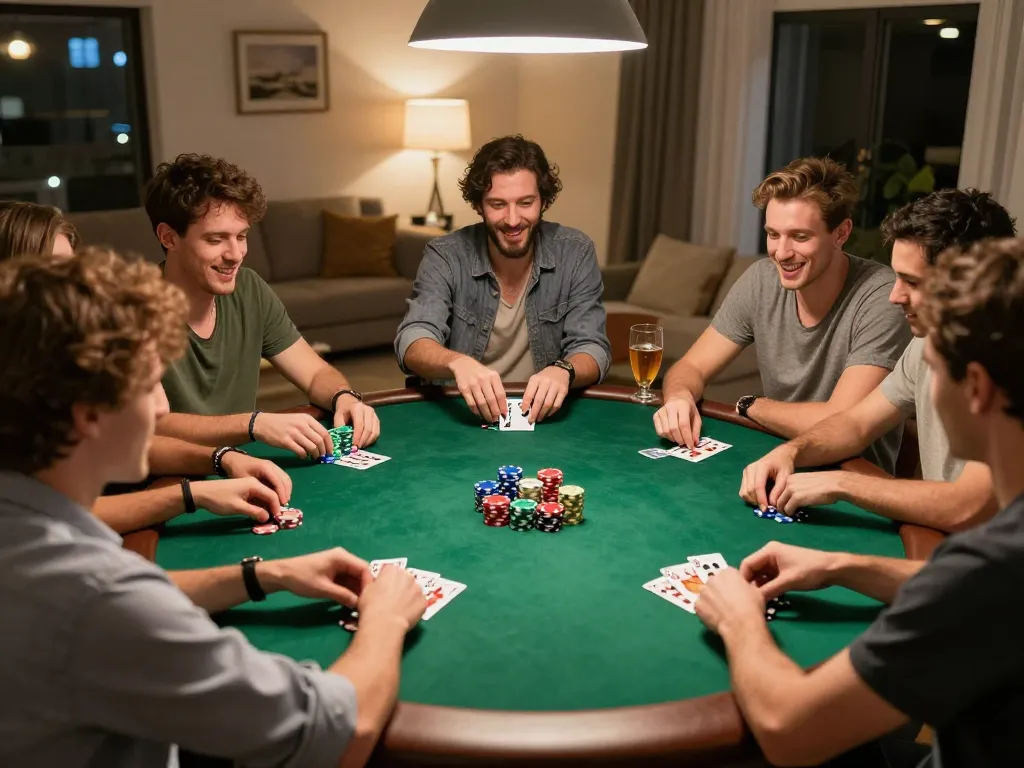 Friends enjoying a competitive poker game at home, highlighting fun moments with 11betmobi atmosphere.