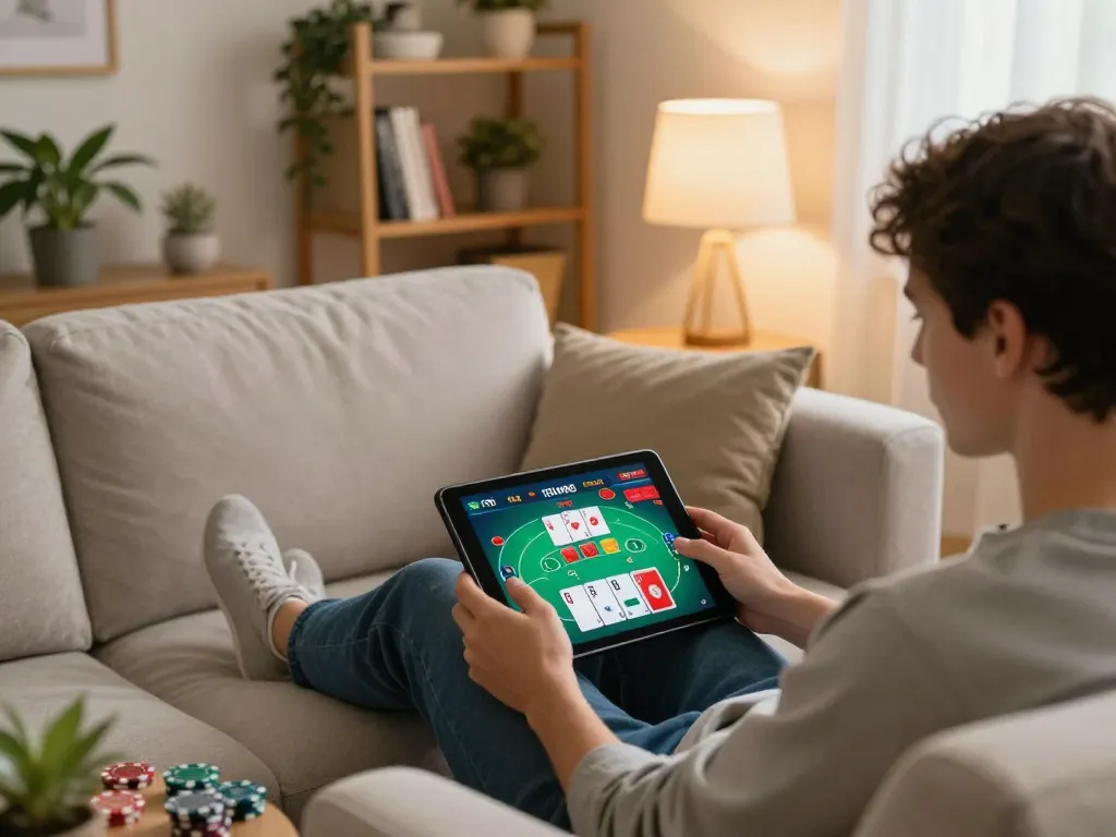 Engaging in strategic online poker gameplay on SIN88 app on a tablet in a cozy home setting