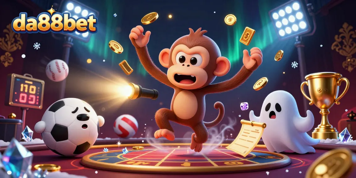 Engage with da88bet's thrilling gaming experience featuring a mischievous poltergeist monkey and ghost-hunter puppy.