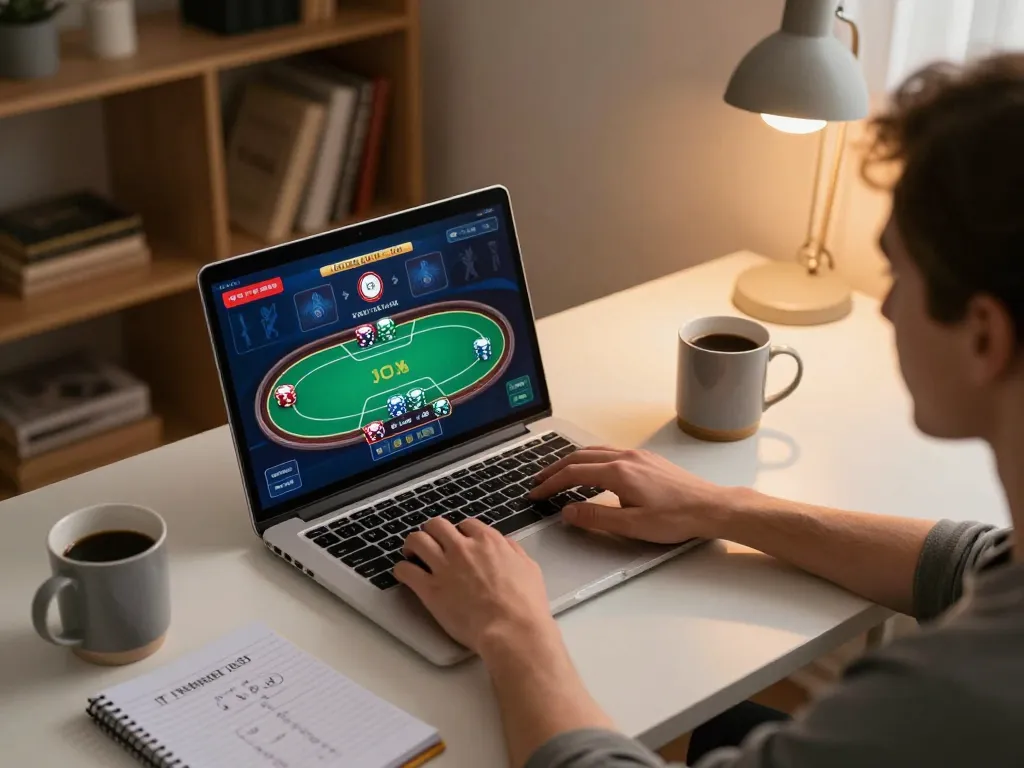 Player enjoying an exciting online poker game on UG88, showcasing a thrilling home gaming setup.