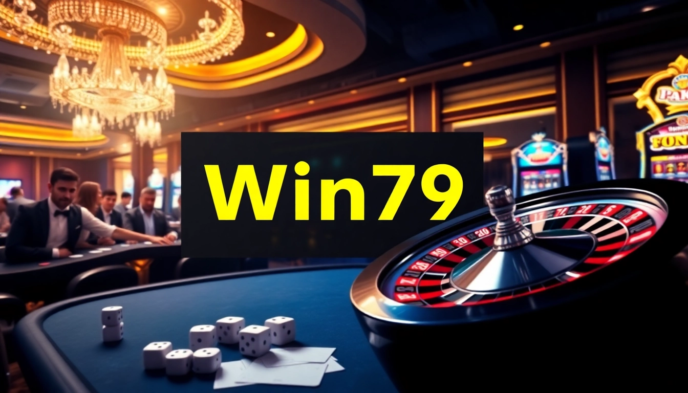 Win79 online gambling interface with vibrant casino elements, poker tables, and spinning roulette.