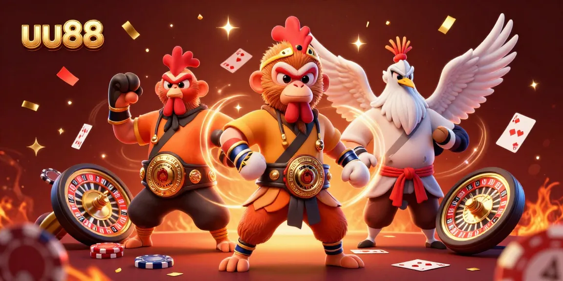 Engage with the thrilling world of uu88 casino games featuring action-packed characters, festive confetti, and dynamic gambling elements.