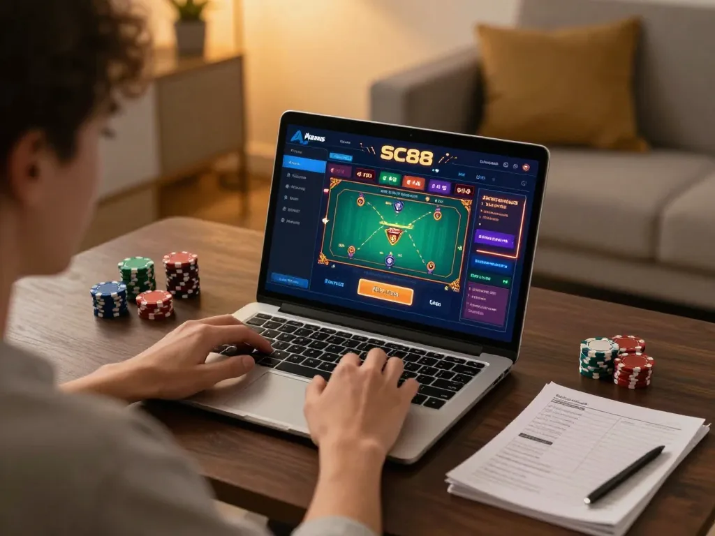 Engaging SC88 online gaming scene with player focused on laptop interface, chips and notes visible
