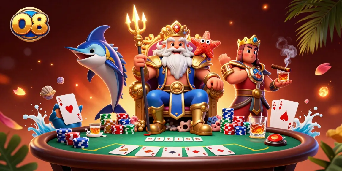 Experience the thrill at O8 with Neptune and a poker showdown featuring colorful chips and lucky hands.