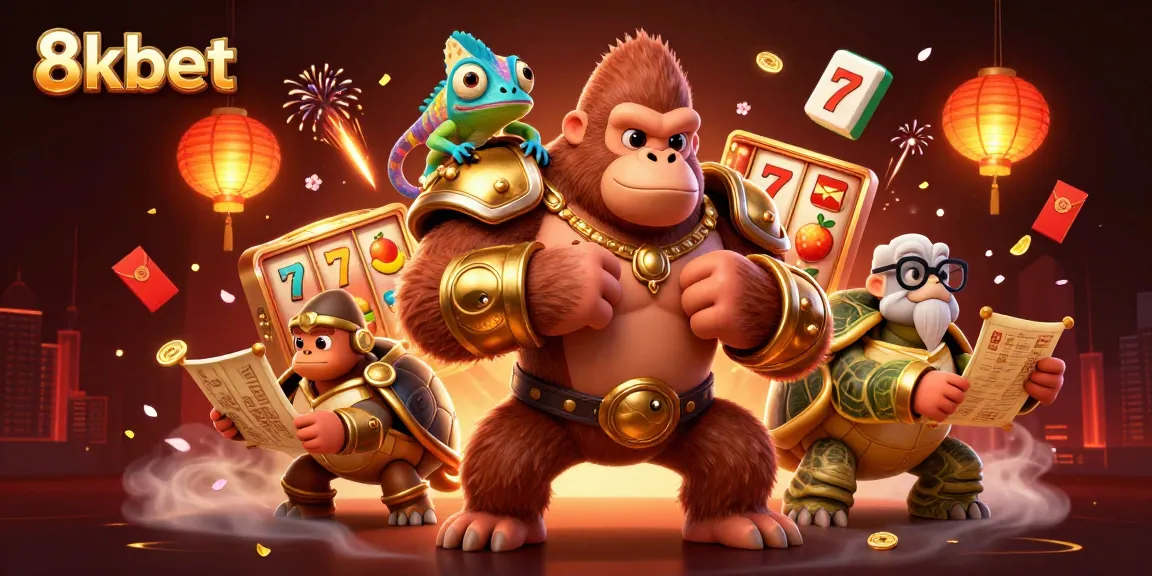 Engage with 8kbet's electrifying 3D casino scene featuring vibrant characters and dynamic gambling elements.
