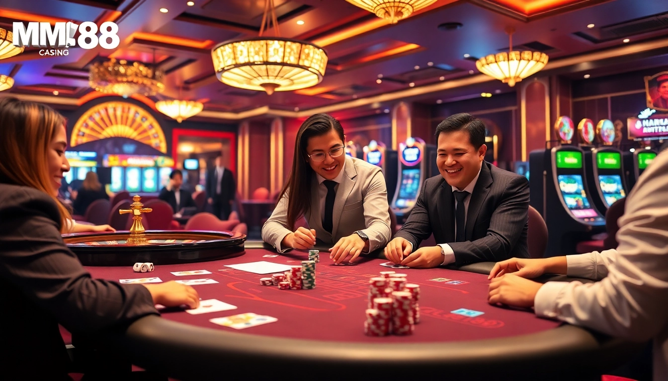 Engaging MM88 online gambling scene with players at a casino table and colorful chips.