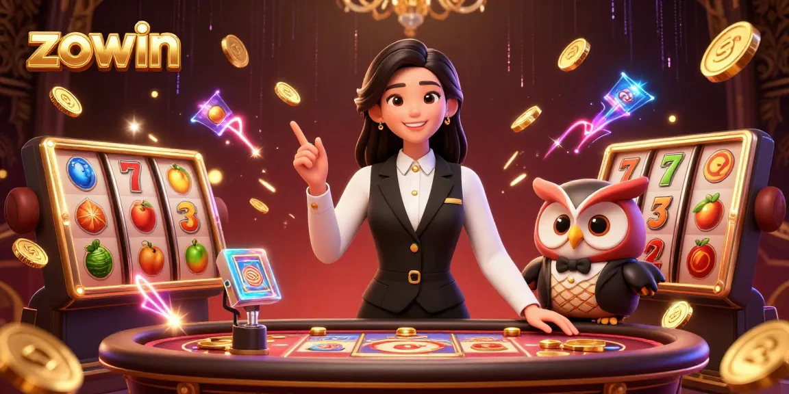 Zowin captivates gamblers with a lively baccarat scene featuring a skilled dealer and animated jackpot elements.