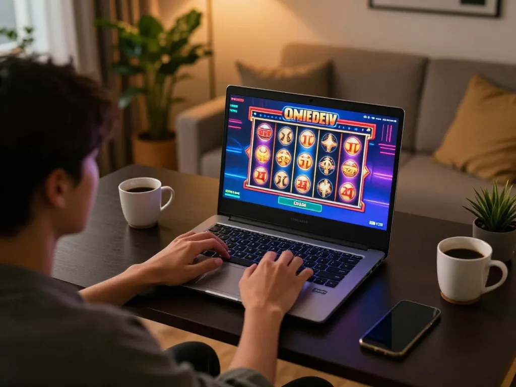 Engaging online casino gaming moment with gk88 slot game displayed on laptop screen.