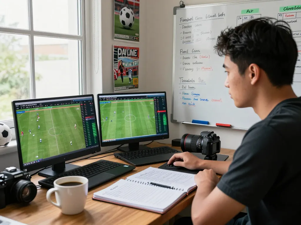 Focused bettor analyzing live kèo nhà cái odds and statistics in a sports-themed home office