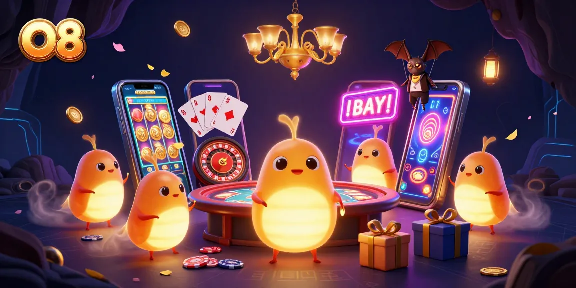 Experience exciting gaming with O8 in a vibrant cave casino illuminated by glowworms and unique game elements.