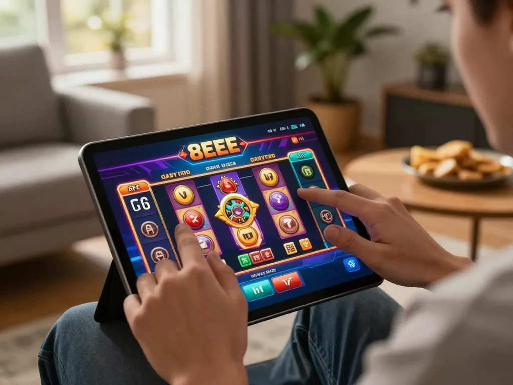 Engage in exciting gameplay on the 8EEE casino app, showcasing vibrant slot machine graphics in a cozy setting.
